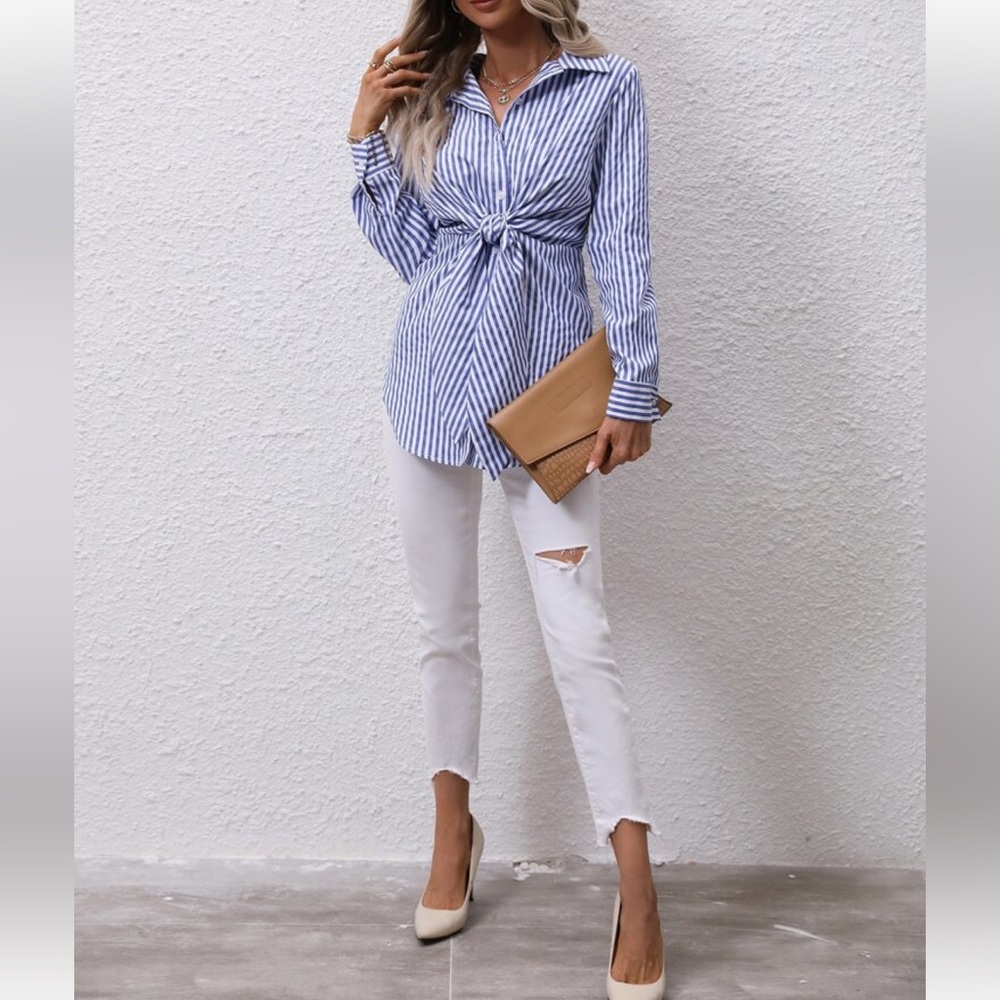 Classic Striped Knot Front Curved Hem Button Down Shirt Top Blouse - Picture 8 of 8